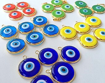 SALE 22mm glass evil eye charms, translucent opaque evil eye pendants, matte 22K gold plated evil eye, jewelry supplies