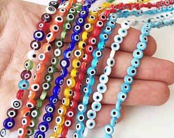 6mm flat round evil beads- Turkish evil eye- strand for red, yellow, green, blue, white bead- evil eye set of 55 beads - beads for bracelet