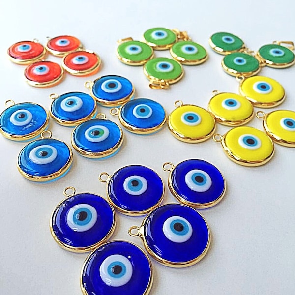 SALE 22mm glass evil eye charms, translucent opaque evil eye pendants, matte 22K gold plated evil eye, jewelry supplies