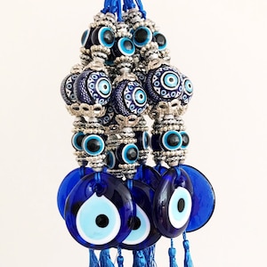 Blue Evil Eye Home Decor for Protection, Evil Eye Wall Hanging with Unique Ceramic Charm, Evil Eye Christmas Decor, Evil Eye Ornaments