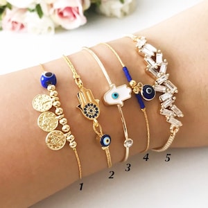 Gold Evil Eye Bracelet, Gold Link Chain Bracelet with Evil Eye and Hamsa Hand Charm, Greek Evil Eye Jewelry Gift, Gold Hamsa Cuff Bracelet