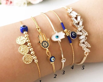 Gold Evil Eye Bracelet, Gold Link Chain Bracelet with Evil Eye and Hamsa Hand Charm, Greek Evil Eye Jewelry Gift, Gold Hamsa Cuff Bracelet