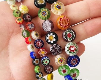 Millefiori Flat Coin Glass Beads, Italian Floral Millefiori Beads, Unique Jewelry Making DIY,  Millefiori Flat Round Glass Beads