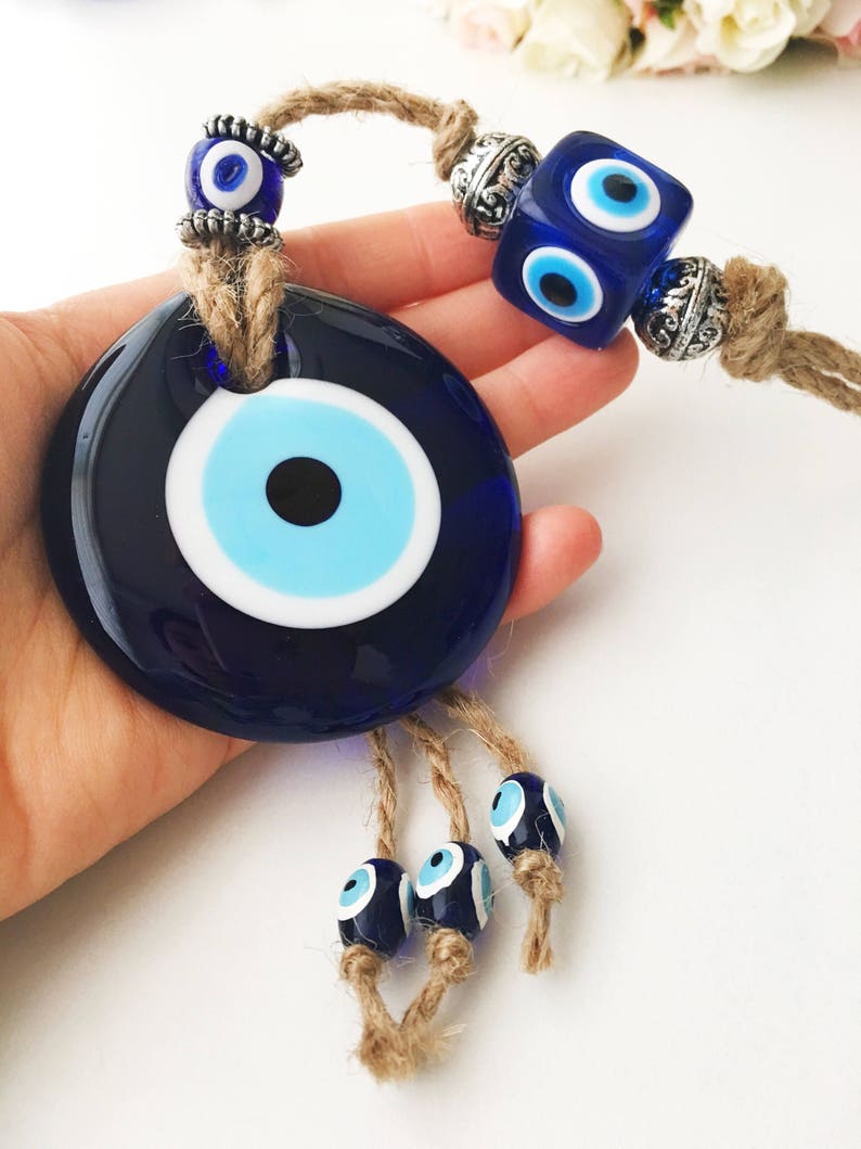 Evil eye home decor, evil eye wall hanging, turkish evil eye bead, blue glass evil eye beads, large evil eye wall hanging, macrame decor image 1