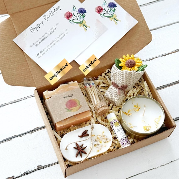 Personalized Self Care Gift Box with Soy Candle, Crochet and Birth Flower Card