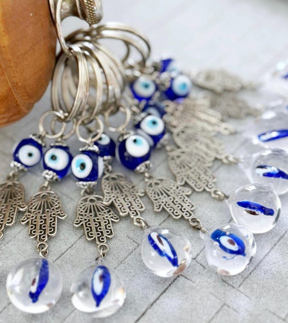 Hamsa Hand Keychain With Evil Eye Silver Charm Blue Glass