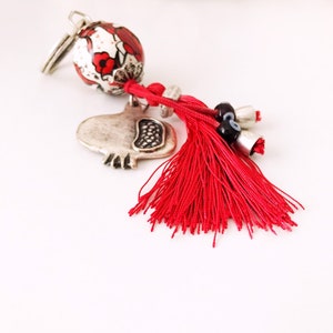 Evil eye keychain, pomegranate keychain, evil eye bag accessories, ceramic evil eye key chaim, red tassel keychain, silver pomegranate charm image 3