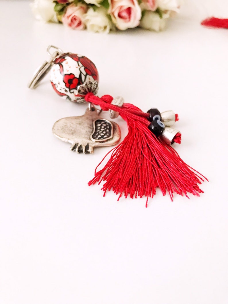 Evil eye keychain, pomegranate keychain, evil eye bag accessories, ceramic evil eye key chaim, red tassel keychain, silver pomegranate charm image 3