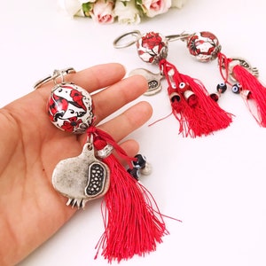 Evil eye keychain, pomegranate keychain, evil eye bag accessories, ceramic evil eye key chaim, red tassel keychain, silver pomegranate charm image 5