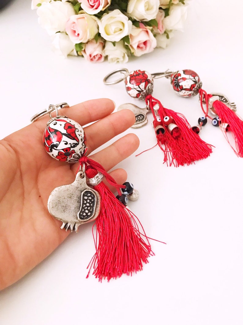 Evil eye keychain, pomegranate keychain, evil eye bag accessories, ceramic evil eye key chaim, red tassel keychain, silver pomegranate charm image 5