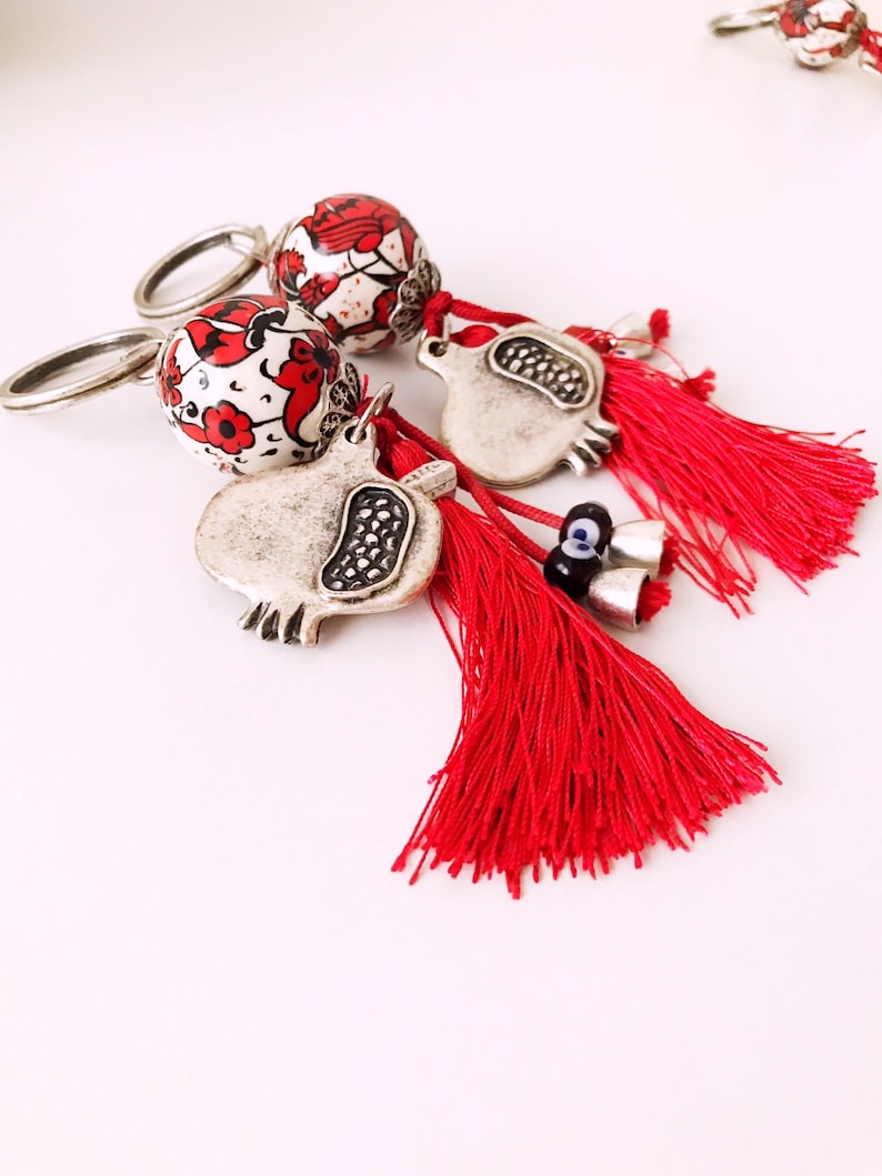 Evil eye keychain, pomegranate keychain, evil eye bag accessories, ceramic evil eye key chaim, red tassel keychain, silver pomegranate charm image 2