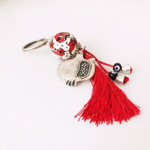 Evil eye keychain, pomegranate keychain, evil eye bag accessories, ceramic evil eye key chaim, red tassel keychain, silver pomegranate charm image 6