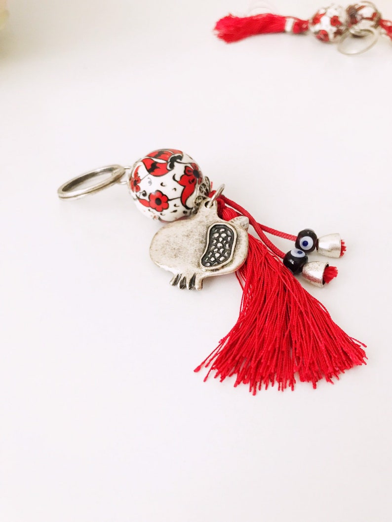 Evil eye keychain, pomegranate keychain, evil eye bag accessories, ceramic evil eye key chaim, red tassel keychain, silver pomegranate charm image 6