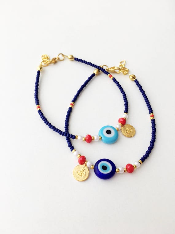Evil Eye Bracelet, Blue Seed Beads Bracelet, Gold Charm Bracelet