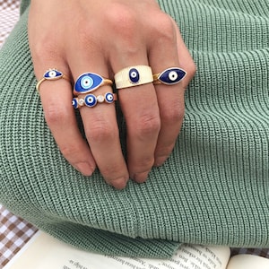 Blue Evil Eye Ring, Gold Adjustable Ring, Delicate Ring Gifts for Women Girls, Greek Ring image 4