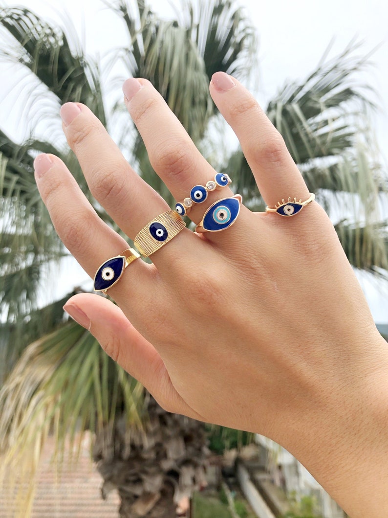 Blue Evil Eye Ring, Gold Adjustable Ring, Delicate Ring Gifts for Women Girls, Greek Ring image 1