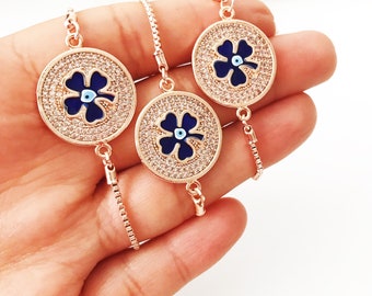 Evil eye bracelet, clover bracelet, four leaf clover disc bracelet, rose gold bracelet, zirconia bracelet, evil eye jewelry, lucky bracelet