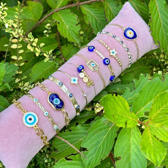 Blue Evil Eye Bracelet, Gold Cuff Bracelet, Greek Evil Eye Jewelry Gift for Her, Adjustable Evil Eye Charm Bracelet, Christmas Gift Ideas