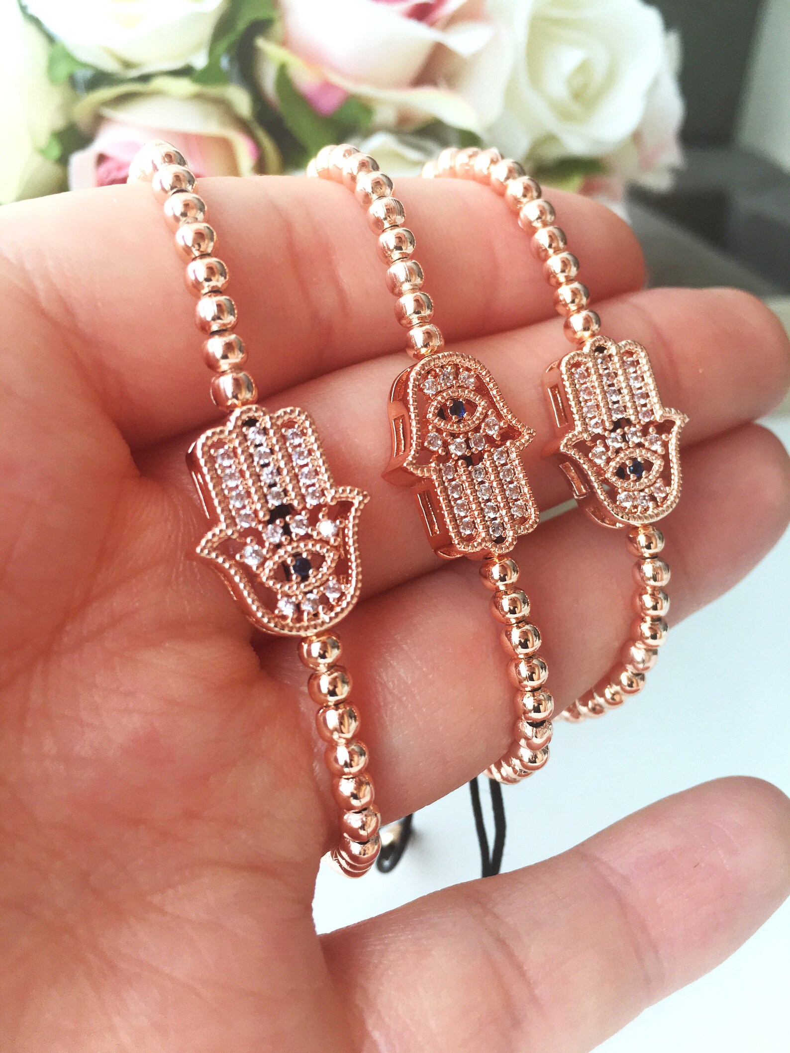 Hamsa Bracelet Hamsa Zirconia Bracelet Beaded Hamsa Etsy