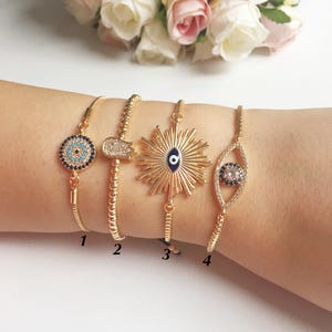 Gold evil eye bracelet, blue evil eye charm bracelet, adjustable bracelet, armparty bracelets, turkish evil eye, tulip charm bracelet image 3