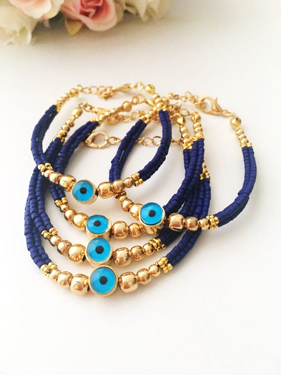 Evil Eye Bracelet, Seed Beads Bracelet, Miyuki Evil Eye Bead, Blue