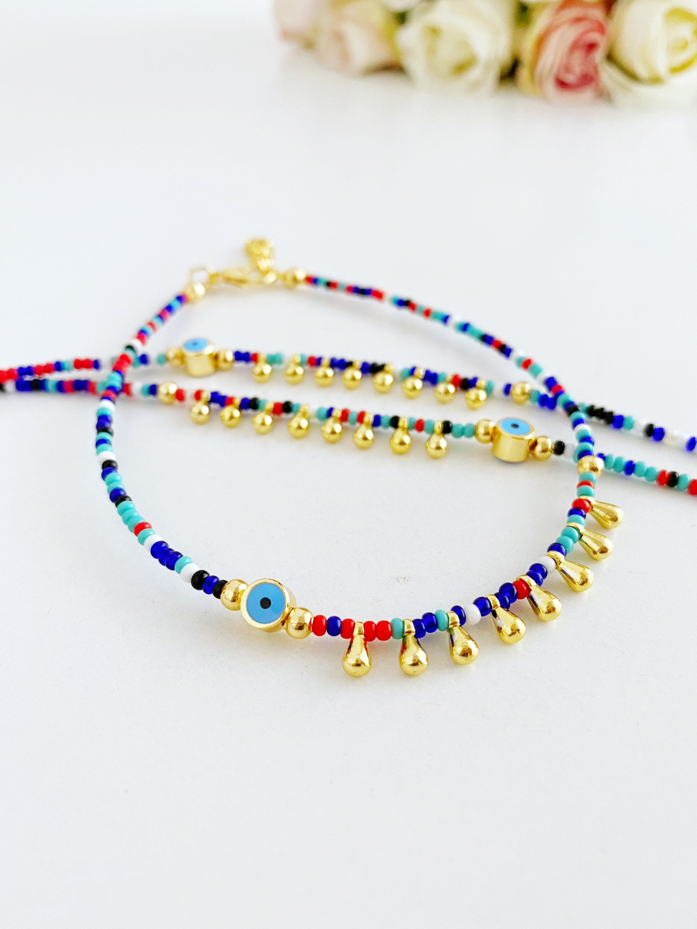 Boho Evil Eye Beach Anklet, Gold Charm Evil Eye Anklet for Surfers, Rainbow Anklet Jewelry, Turkish Evil Eye Jewelry, Birthday Gift for Her