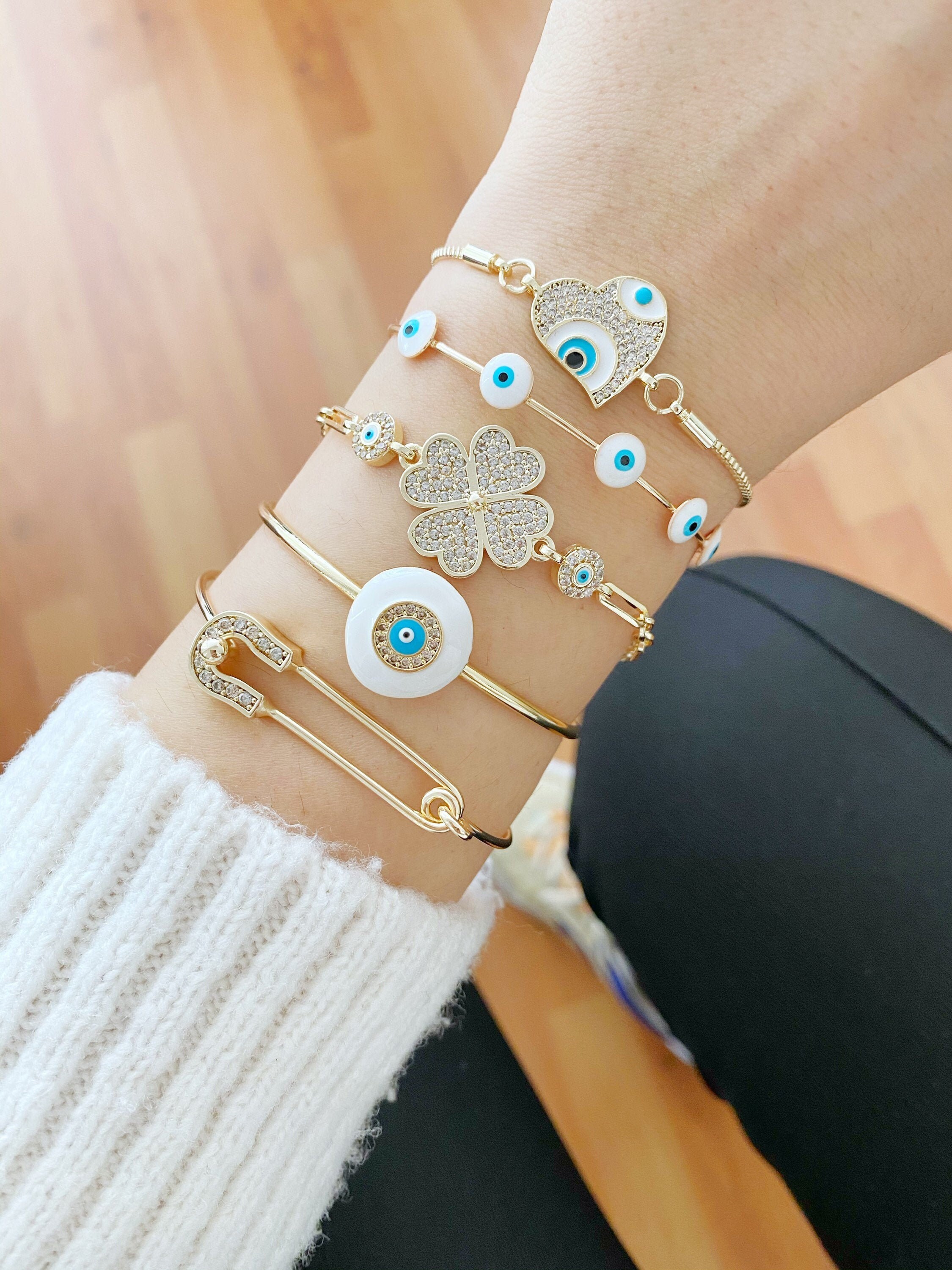White Evil Eye Bracelet Zircon Evil Eye Charm Gold Evil Eye Etsy