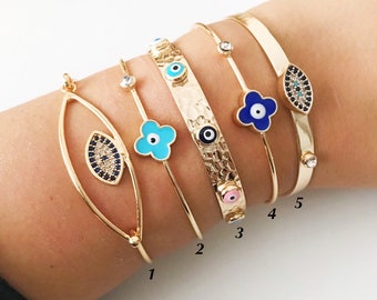 Evil eye bracelet, bangle bracelet, cuff bracelet, evil eye beaded bracelet, elegant gold bracelet, clover charm, evil eye jewelry, bangles