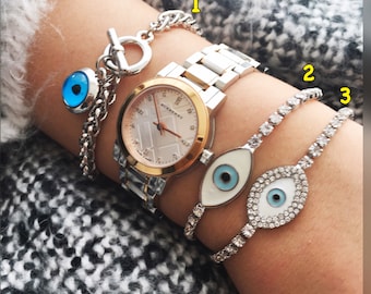 Evil eye bracelet, evil eye charm bracelet, silver bracelet, zirconia bracelet, greek evil eye bracelet, silver jewelry collection, nazar