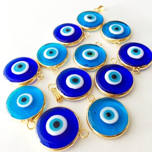 2pcs gold plated evil eye pendants, turquoise evil eye pendant, 22mm turkish handmade evil eye charms, glass evil eye charms, 24K gold eye image 1