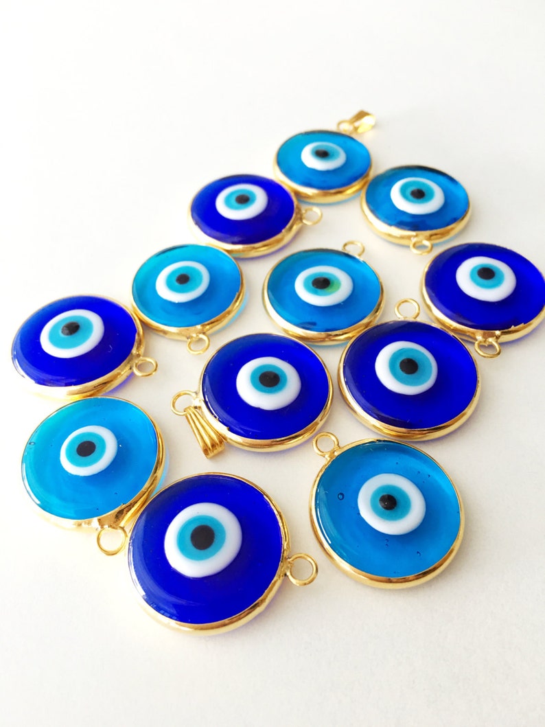 2pcs gold plated evil eye pendants, turquoise evil eye pendant, 22mm turkish handmade evil eye charms, glass evil eye charms, 24K gold eye image 1