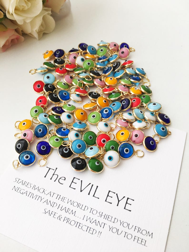 Gold Evil eye charm, 25 pcs, Evil eye beads for connectors, evil eye connectors, evil eye pendant, glass evil eye charm, diy jewelry supply image 2