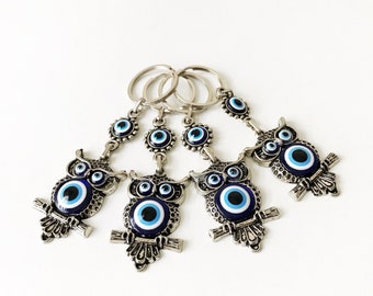 Evil eye keychain, evil eye jewelry, silver keychain, owl keychain, owl keyring, blue evil eye bead, good luck keychain, turkish evil eye