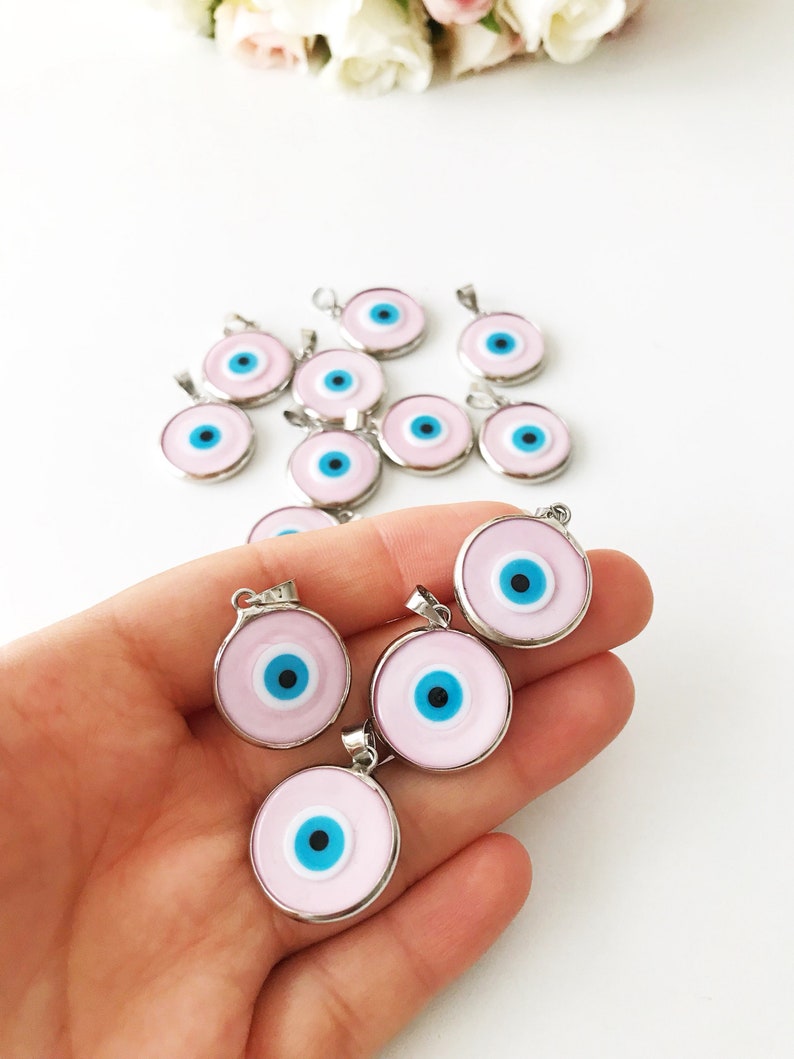 Evil eye bead, pink evil eye bead, murano bead, glass evil eye bead, pink evil eye pendant, gold silver charm, evil eye necklace charm image 3