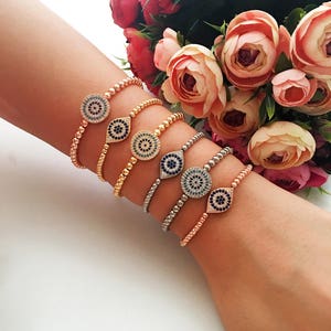 Evil eye bracelet, silver rose gold evil eye bracelet, beaded evil eye bracelet, nazar boncuk bracelet, evil eye jewelry, round oval bracele image 2