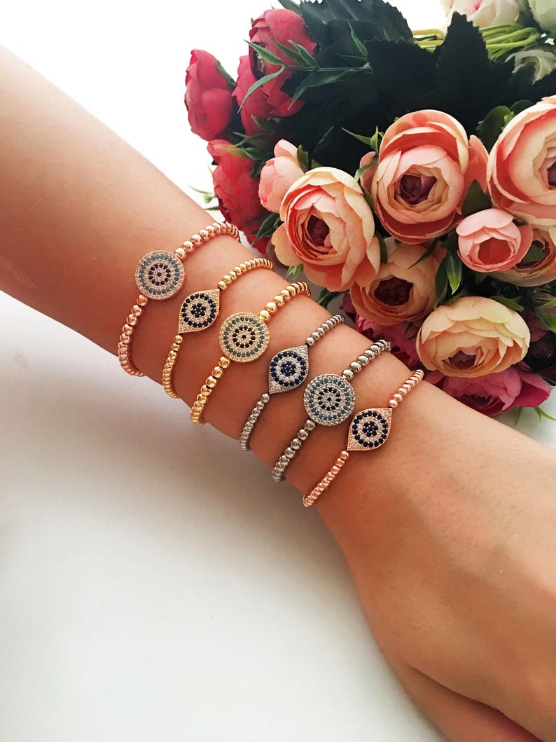 Evil eye bracelet, silver rose gold evil eye bracelet, beaded evil eye bracelet, nazar boncuk bracelet, evil eye jewelry, round oval bracele image 2