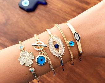 Gold Evil Eye Bracelet, Authentic Greek Jewelry, Delicate Chain Bracelet, Dainty Clover Charm Bracelet, Evil Eye Protection Bracelet