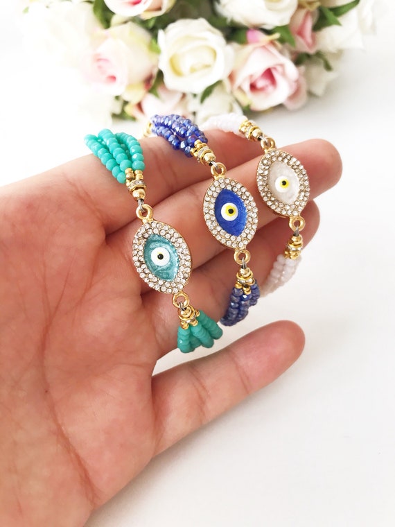 Evil Eye Bracelet, Colorful Evil Eye Beads, Gold Chain Bracelet