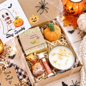 May include: A cardboard gift box containing a bar of lemon and poppy seed soap, a crocheted orange pumpkin, a white candle in a gold tin, a brown lip balm tube, and a wrapped candy. A card with a ghost and the text Stay Spooky is included.