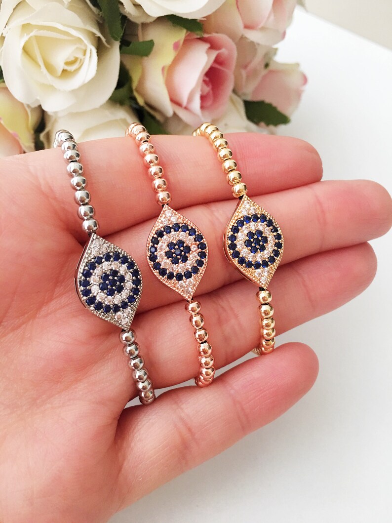 Evil eye beaded bracelet adjustable oval bracelet silver