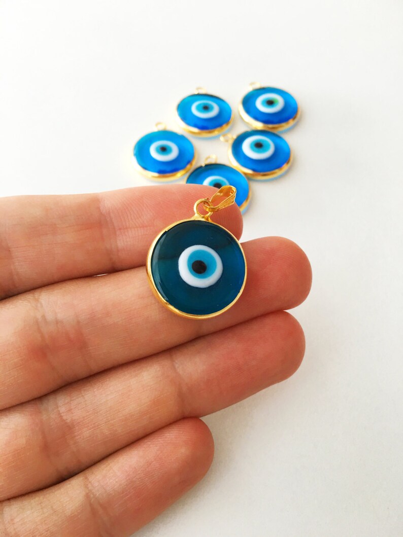 2pcs gold plated evil eye pendants, turquoise evil eye pendant, 22mm turkish handmade evil eye charms, glass evil eye charms, 24K gold eye image 3