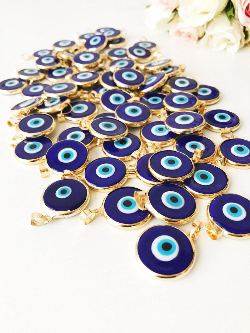 Blue evil eye bead, bulk, murano glass beads, evil eye pendant, evil eye charm, gold evil eye charm, 24K gold frame, malocchio, gold pendant image 8