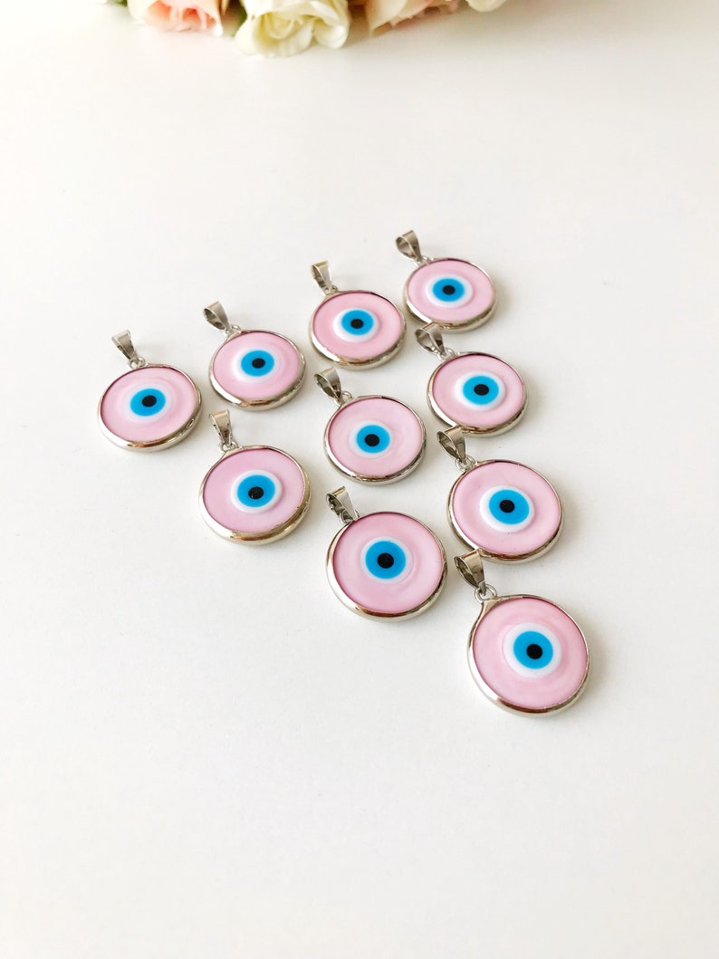 Evil eye bead, pink evil eye bead, murano bead, glass evil eye bead, pink evil eye pendant, gold silver charm, evil eye necklace charm image 7
