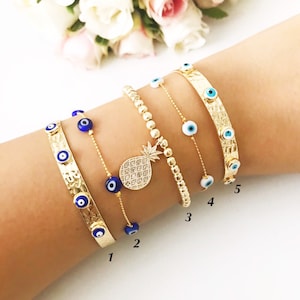 Stackable Evil Eye Bracelet, Gold Cuff Bracelet, Fruit Charm Bracelet, Good Luck Bracelet, Christmas Gift Ideas, Gift for Friend