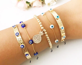 Evil eye bracelet, bangle bracelet, cuff bracelet, evil eye beaded bracelet, pineapple gold bracelet, blue evil eye, evil eye jewelry