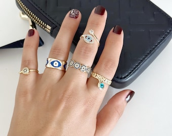 Evil Eye Ring Gold, Adjustable Rings for Her, Christmas Gift Jewelry, Greek Evil Eye, Delicate Ring, Rings Gift in Box