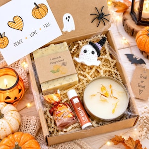 May include: A cardboard gift box containing a bar of lemon and poppy seed soap, a round tin candle with dried petals, a tube of lip balm, a wrapped truffle, and a crocheted ghost keychain. A card inside reads PEACE LOVE FALL.