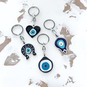 Greek Evil Eye Keychain, Blue Evil Eye, Birthday Gift Keychain, Evil Eye Keyring, Silver Keychain, Horseshoe Heart Tulip Keychains zdjęcie 2