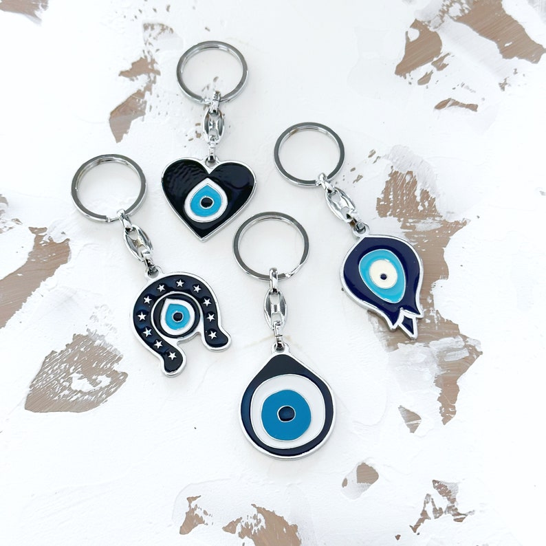 Greek Evil Eye Keychain, Blue Evil Eye, Birthday Gift Keychain, Evil Eye Keyring, Silver Keychain, Horseshoe Heart Tulip Keychains image 2