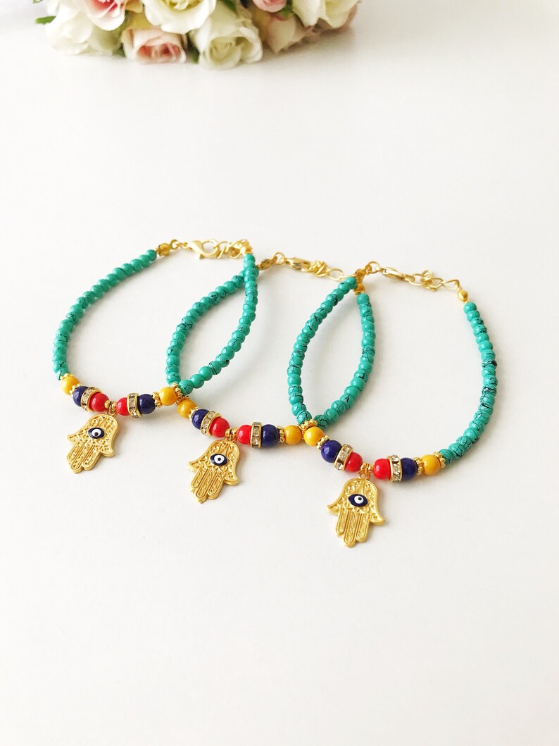 Evil Eye Bracelet Hamsa Charm Bracelet Turquoise Beaded Etsy